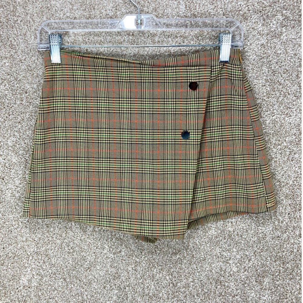 Blue Blush Plaid Wrap Front Mini Skort Womens S Tan Brown Dark Academia Preppy